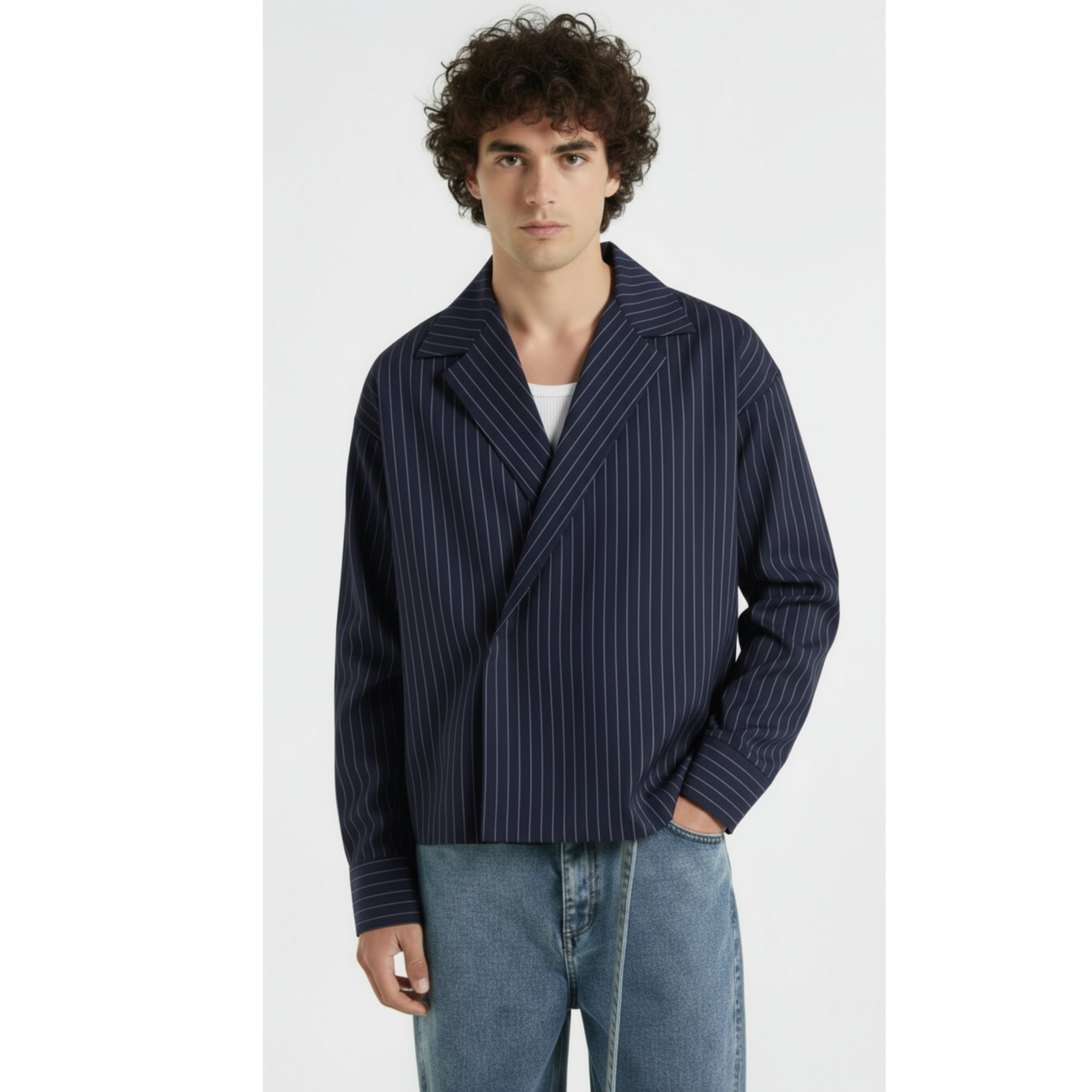 Boxy Stripes Double Breasted Shirt (Navy Blue)