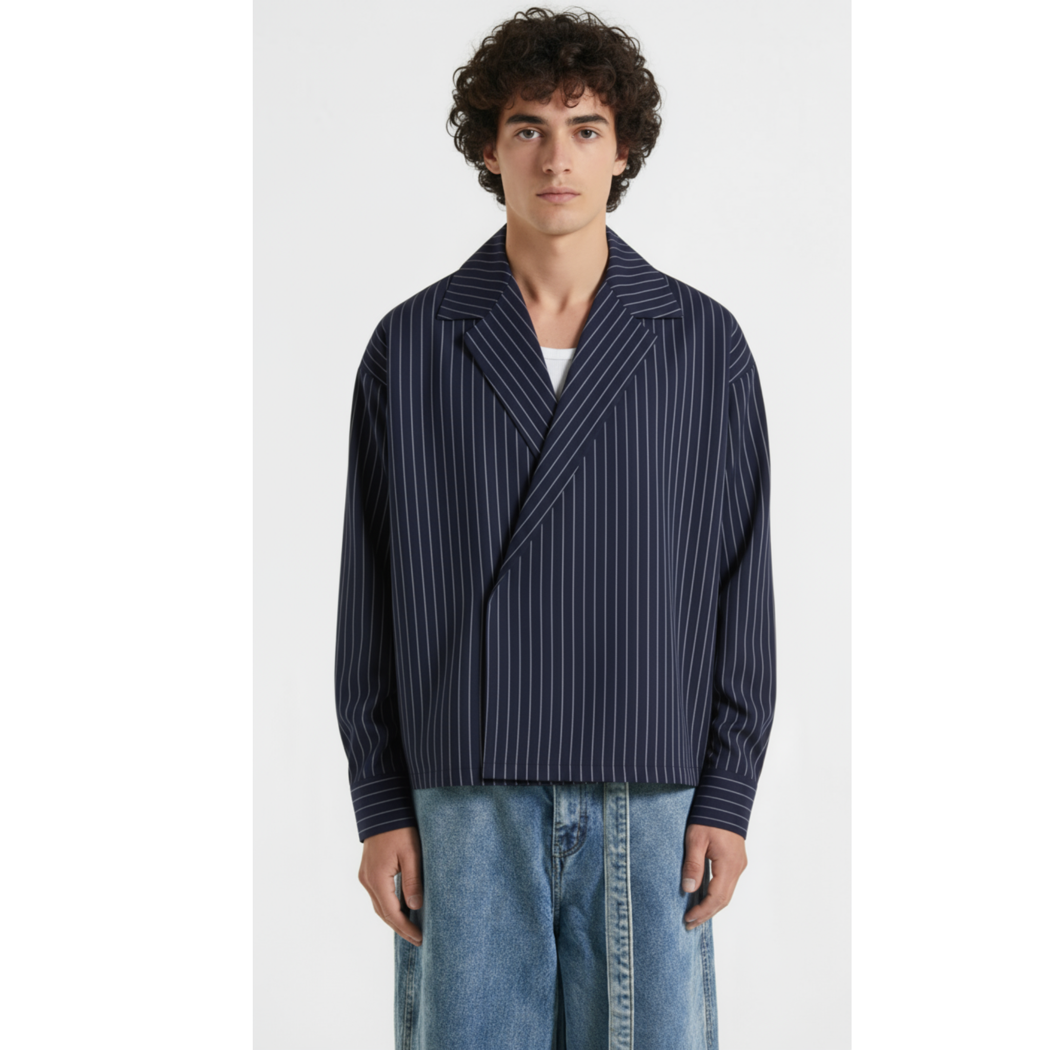 Boxy Stripes Double Breasted Shirt (Navy Blue)