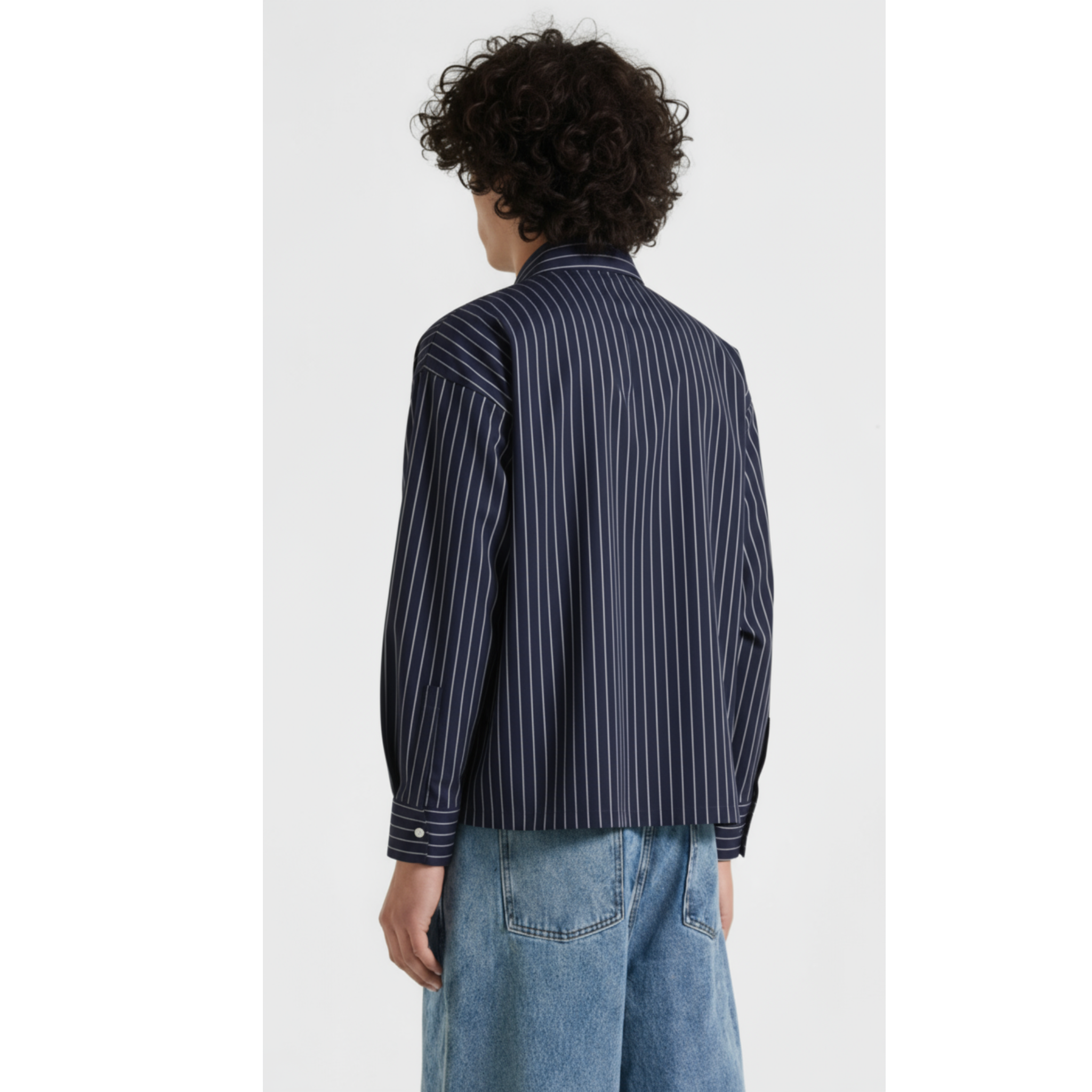 Boxy Stripes Double Breasted Shirt (Navy Blue)