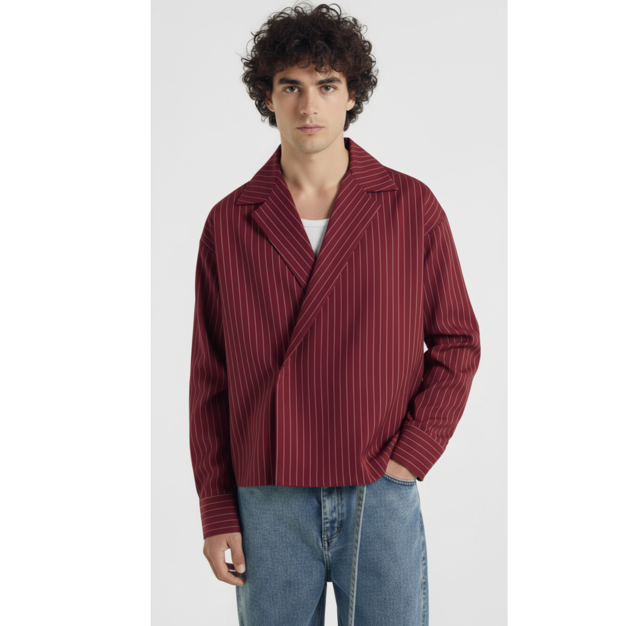 Boxy Stripes Double Breasted Shirt (Burgundy)
