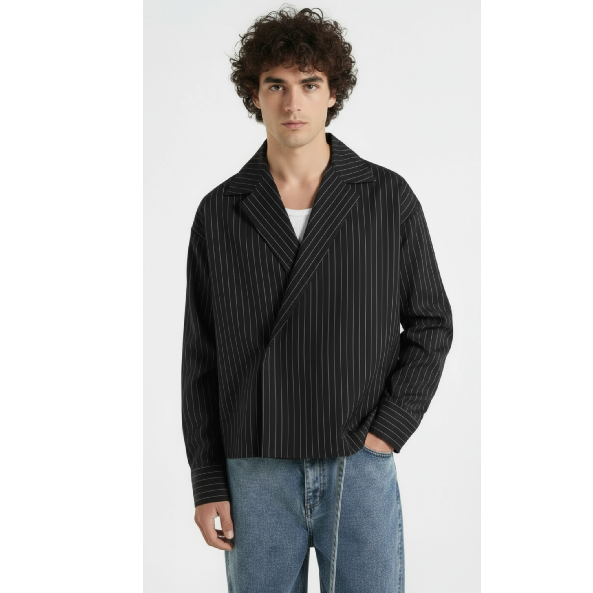Boxy Stripes Double Breasted Shirt (Black)