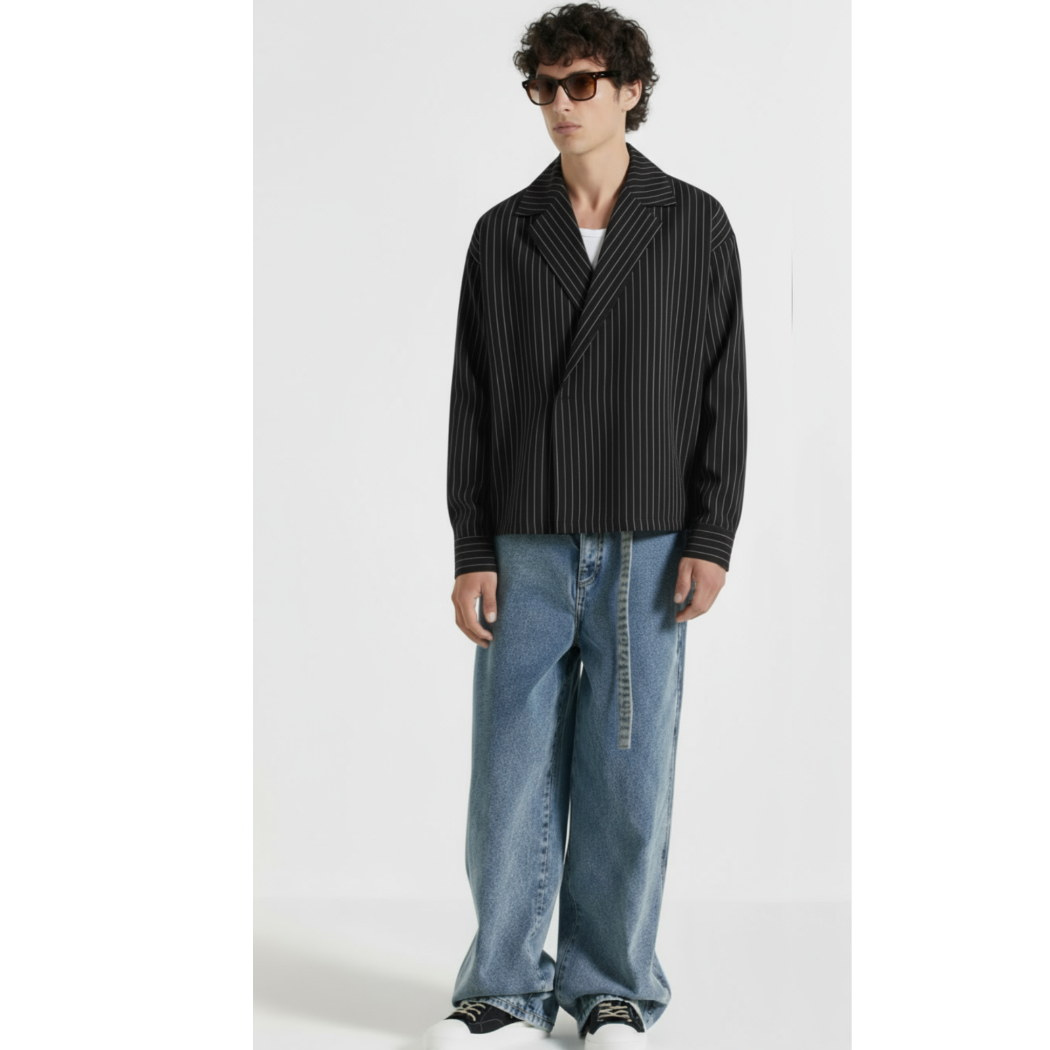 Boxy Stripes Double Breasted Shirt (Black)