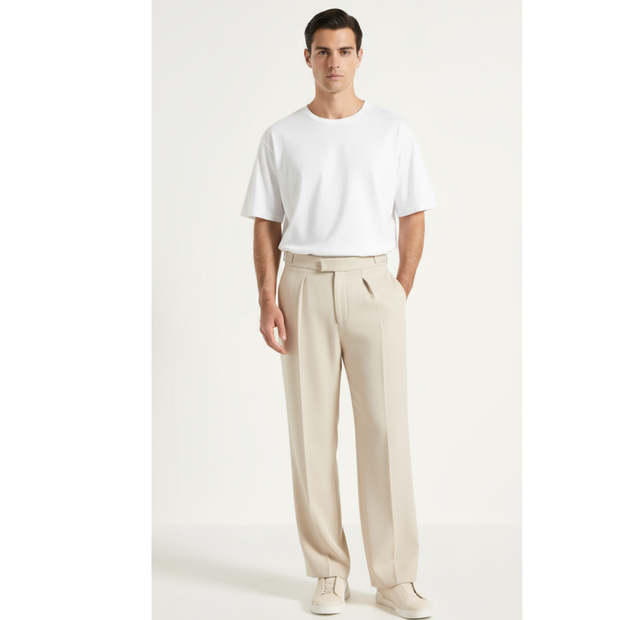 Relaxed Fit Pleated Tailored Trousers - Light Beige