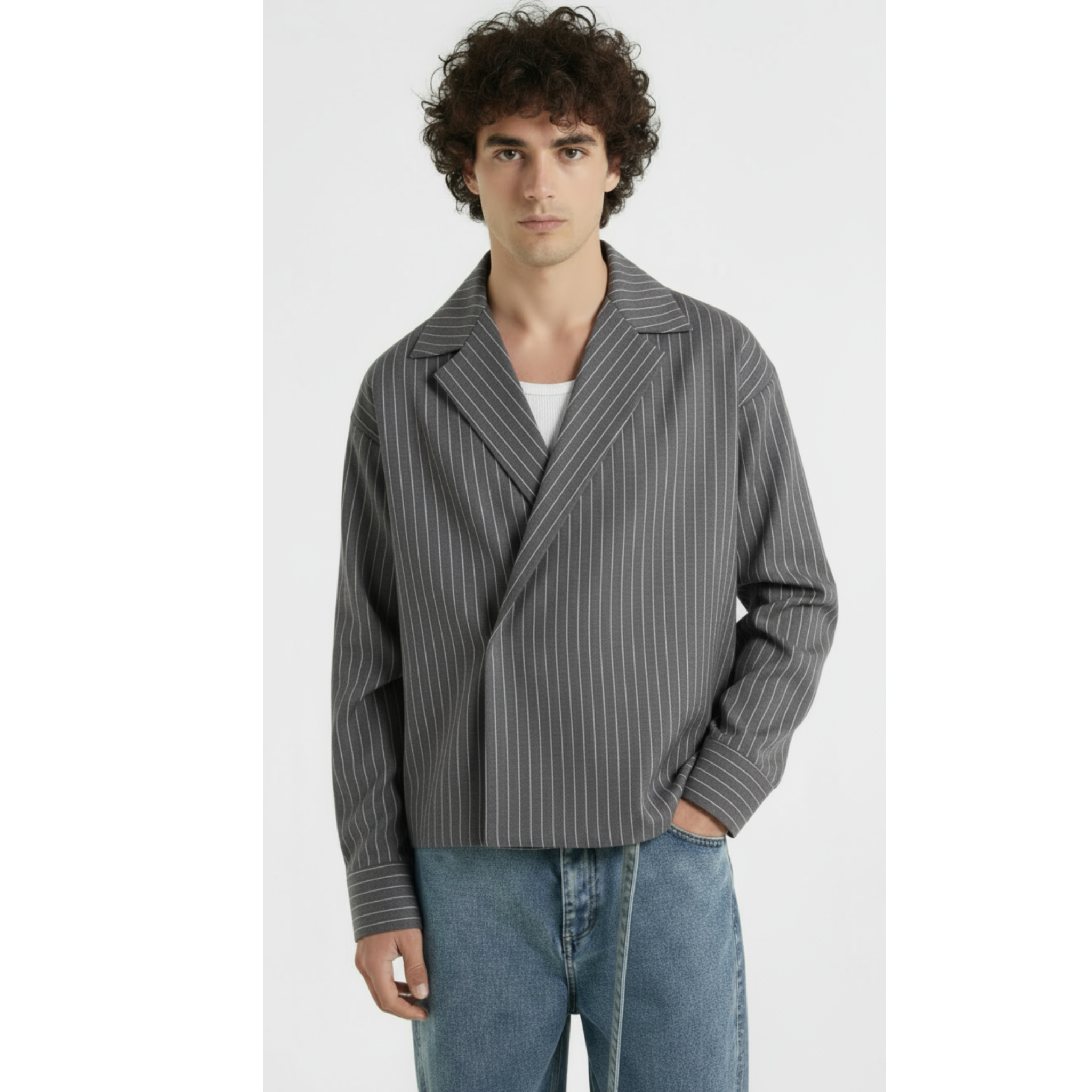 Boxy Stripes Double Breasted Shirt (Grey)