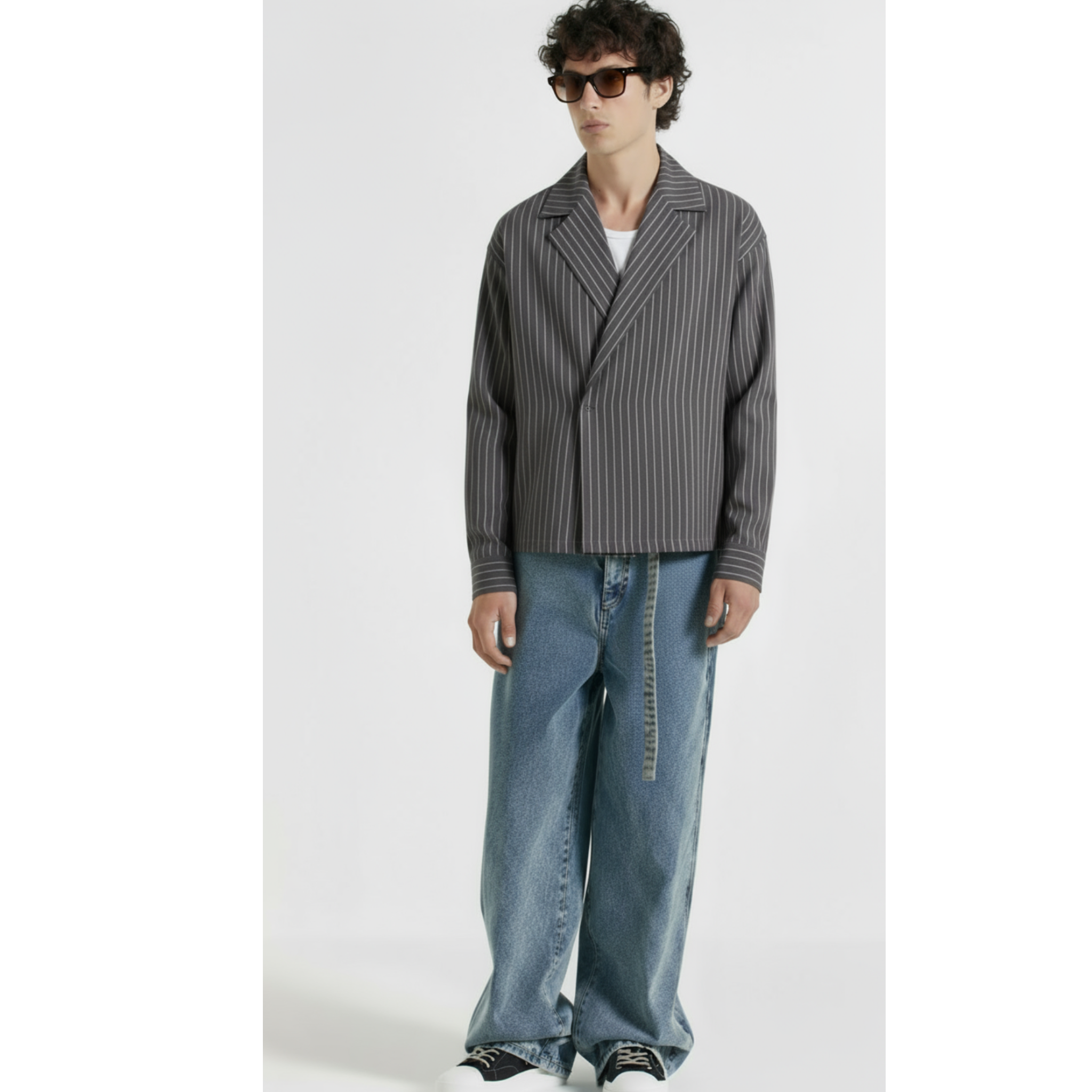 Boxy Stripes Double Breasted Shirt (Grey)