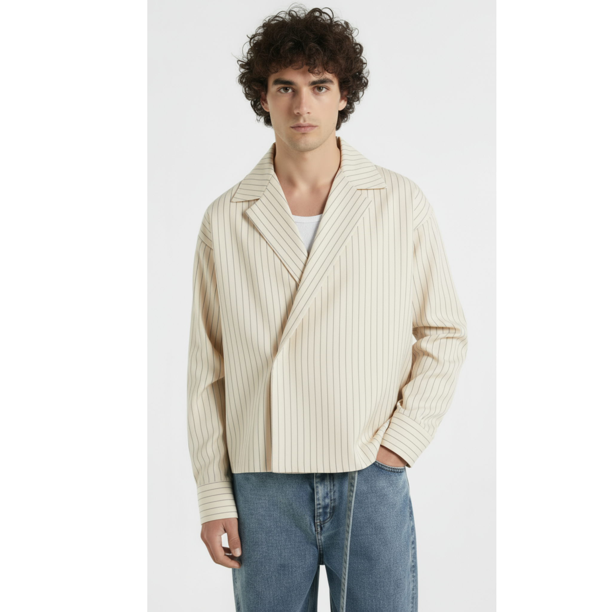 Boxy Stripes Double Breasted Shirt (Beige)