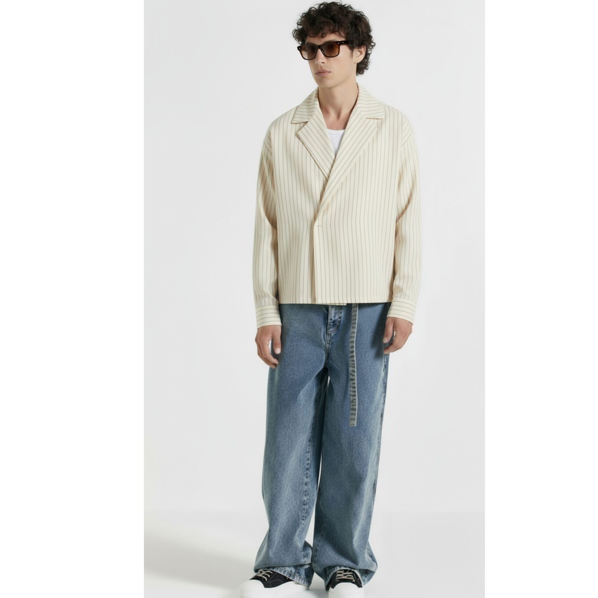 Boxy Stripes Double Breasted Shirt (Beige)