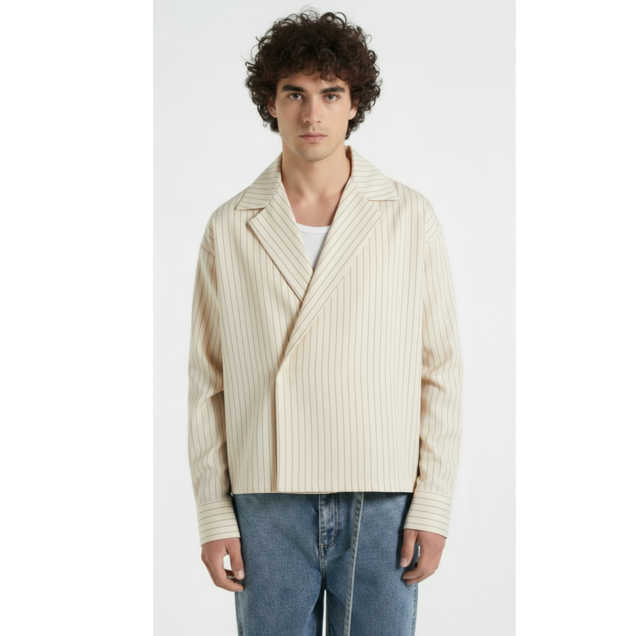 Boxy Stripes Double Breasted Shirt (Beige)