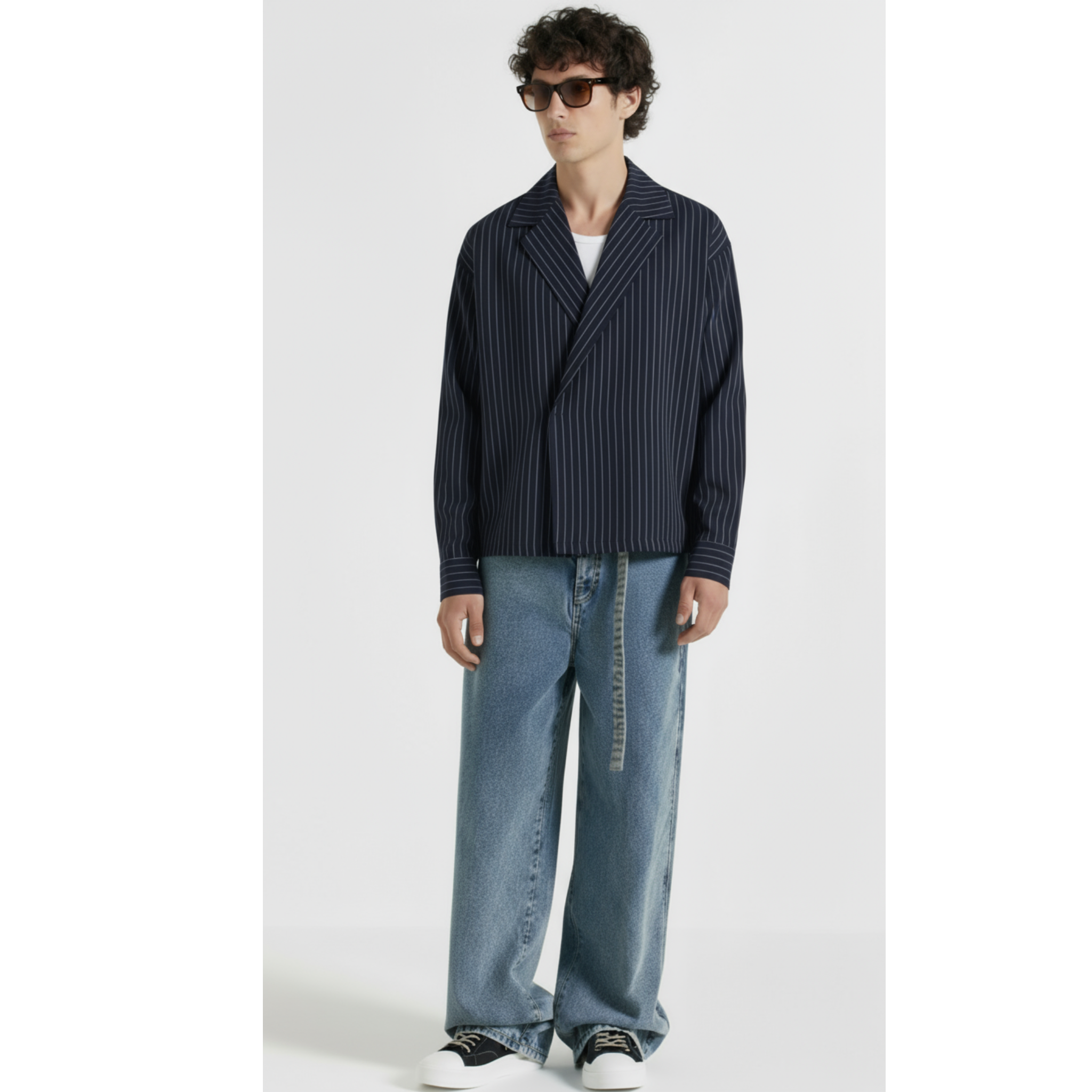 Boxy Stripes Double Breasted Shirt (Navy Blue)