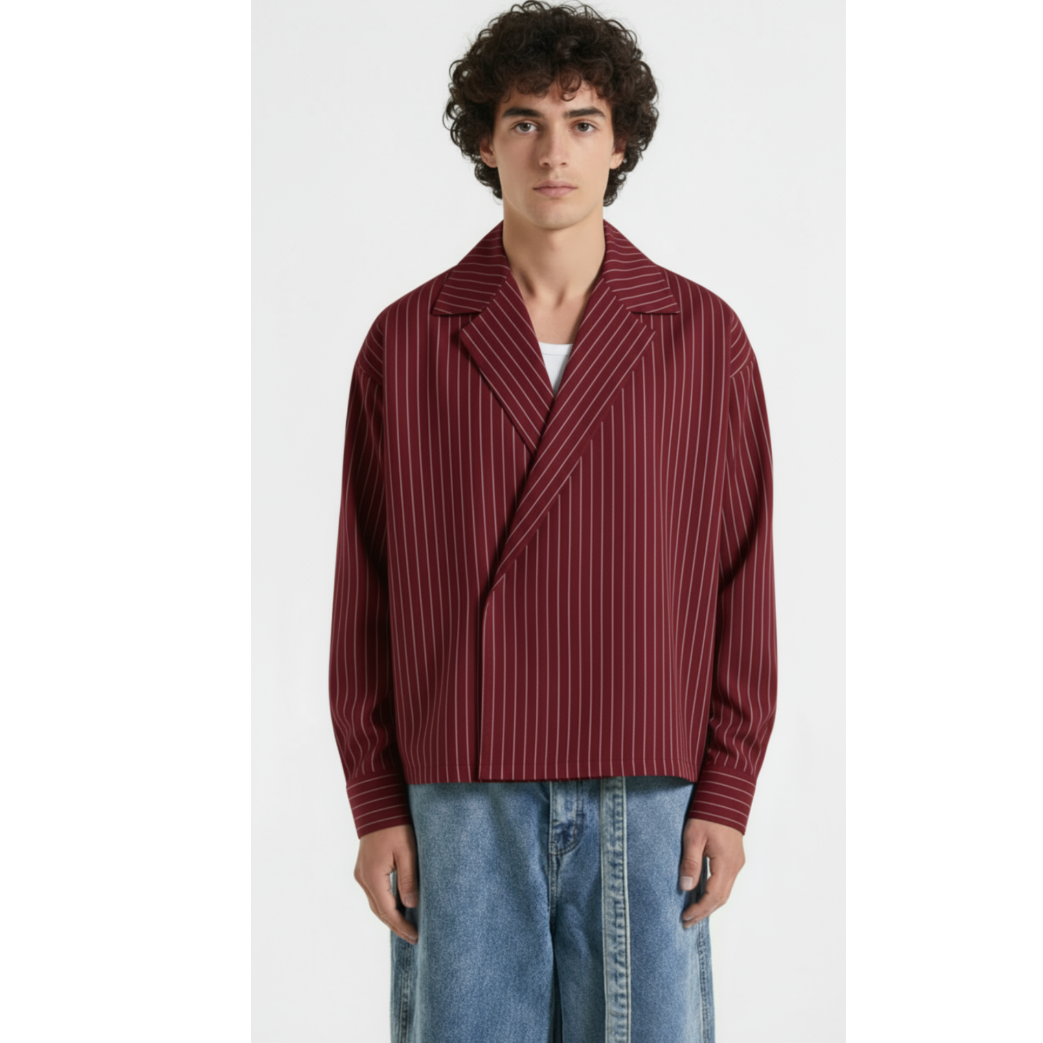 Boxy Stripes Double Breasted Shirt (Burgundy)