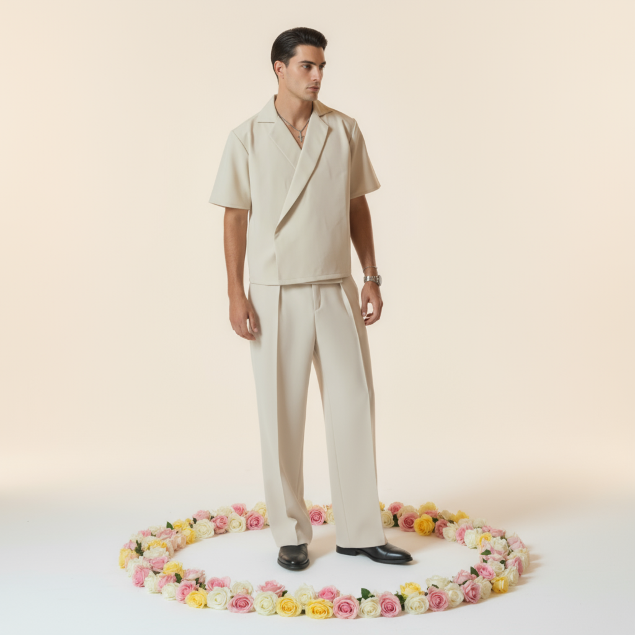 Boxy Double Breasted Shirt - Light Beige