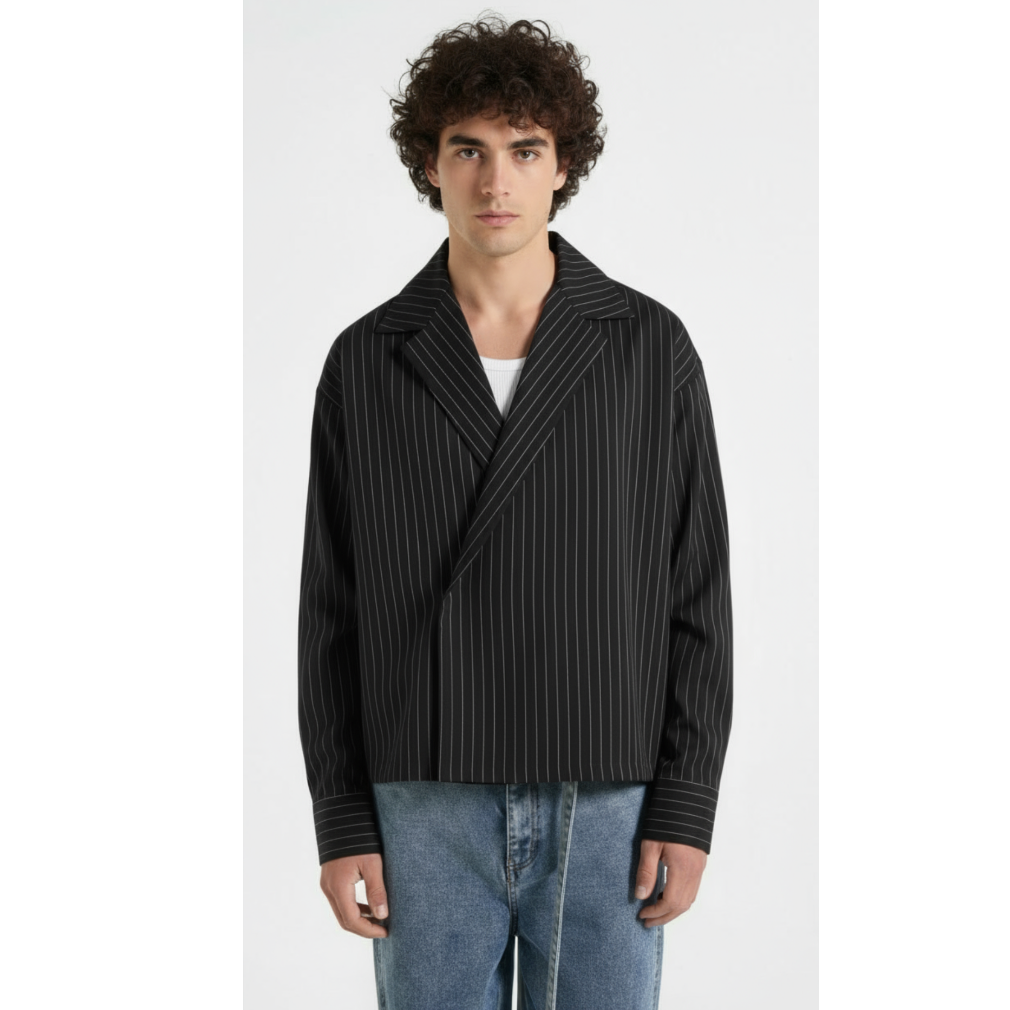 Boxy Stripes Double Breasted Shirt (Black)
