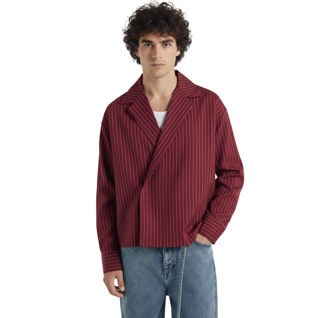 Boxy Stripes Double Breasted Shirt (Burgundy)