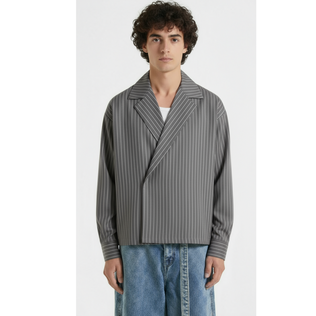 Boxy Stripes Double Breasted Shirt (Grey)