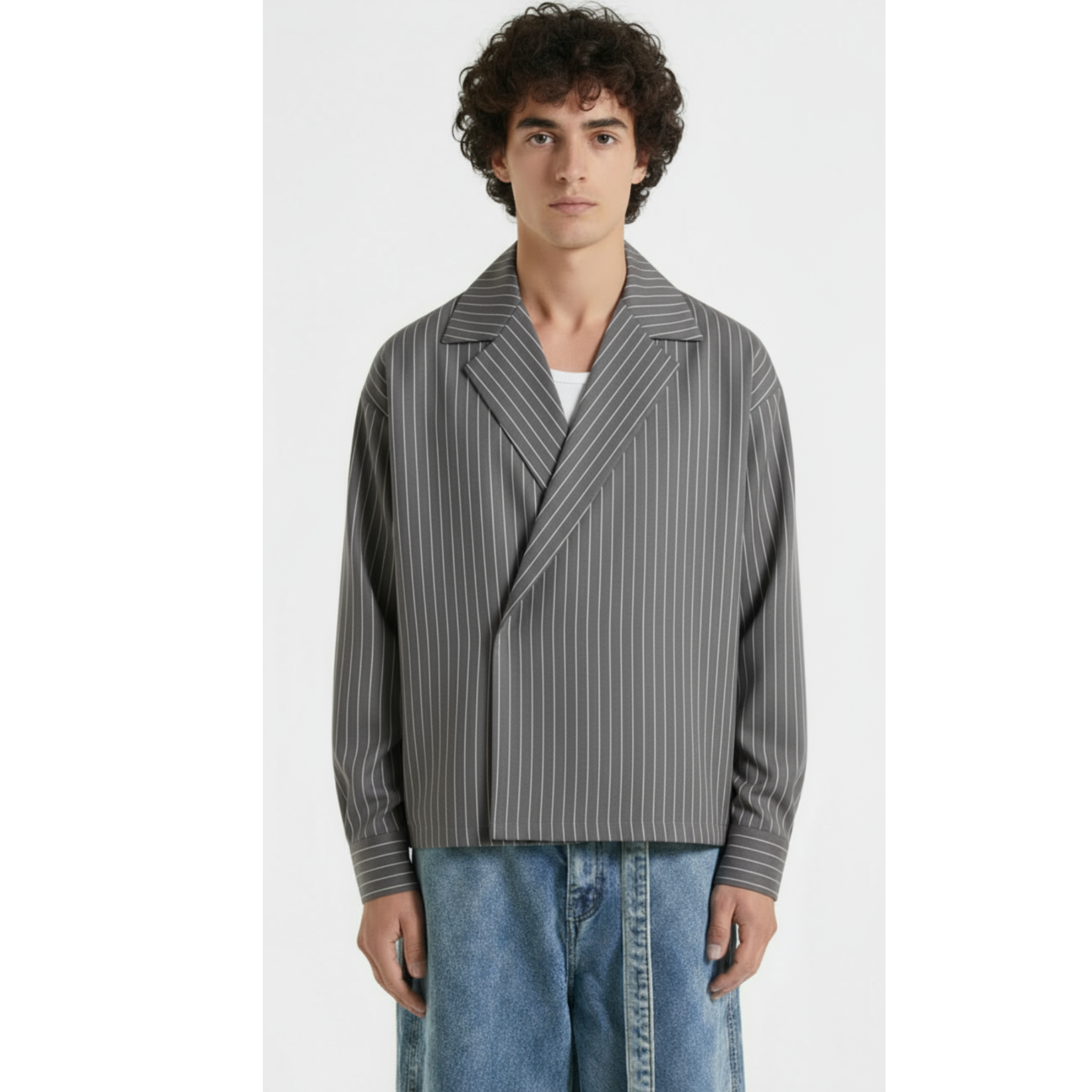 Boxy Stripes Double Breasted Shirt (Grey)