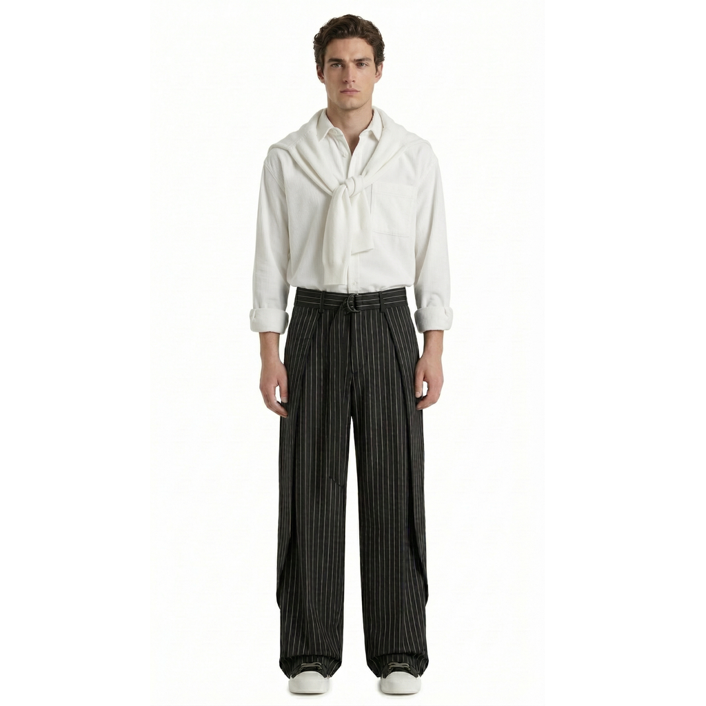 Black Pinstripe Belted Wide-Leg Trousers