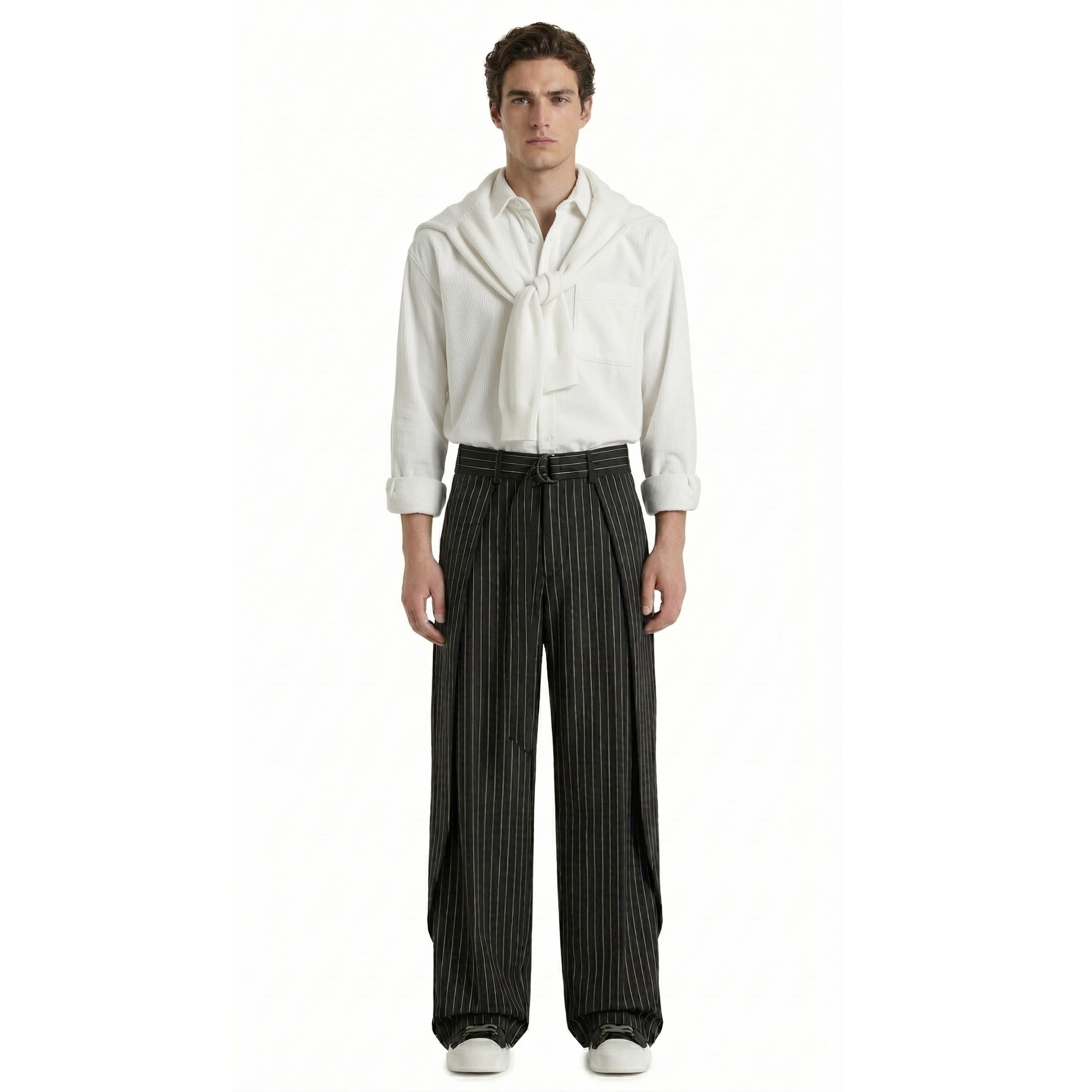 Black Pinstripe Belted Wide-Leg Trousers