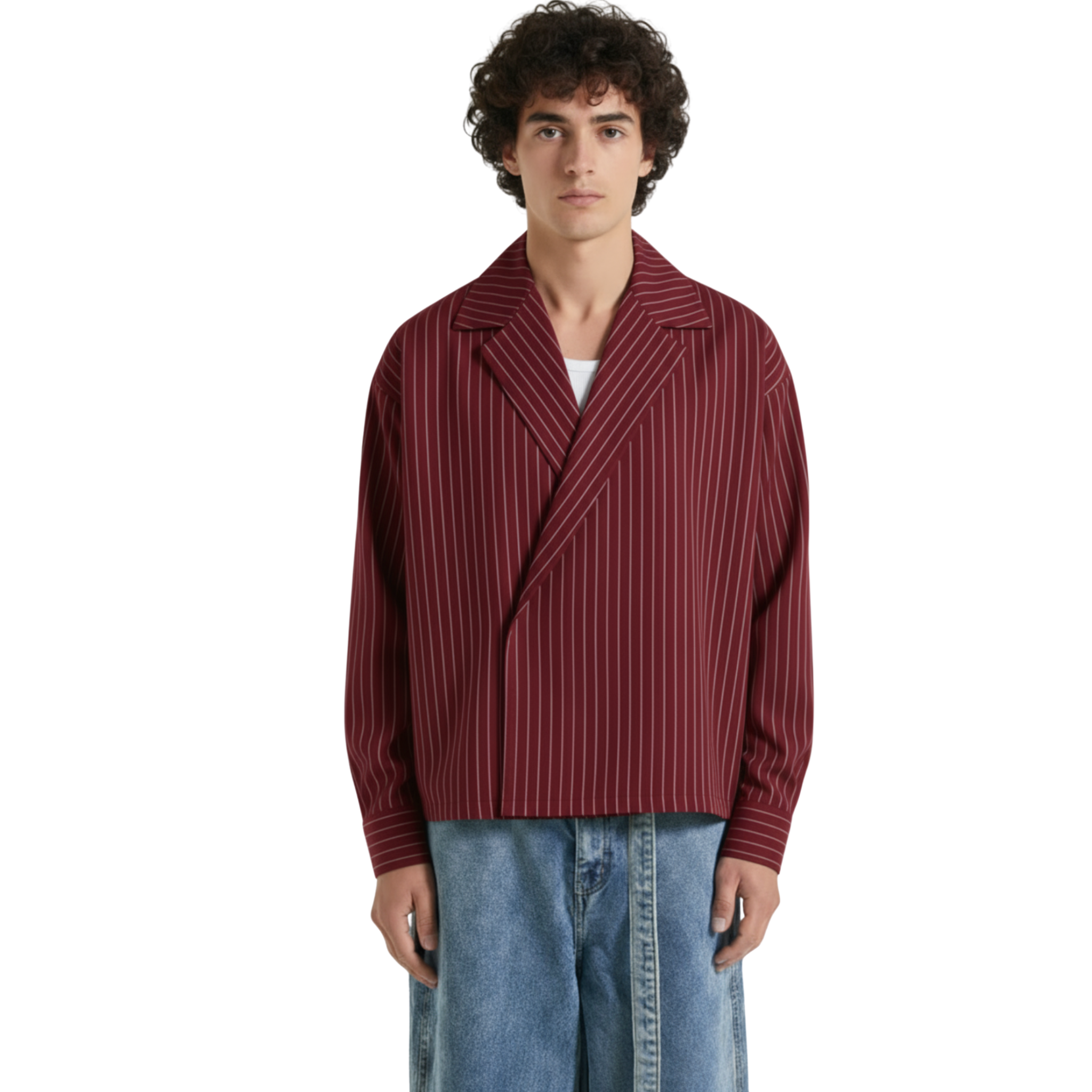 Boxy Stripes Double Breasted Shirt (Burgundy)
