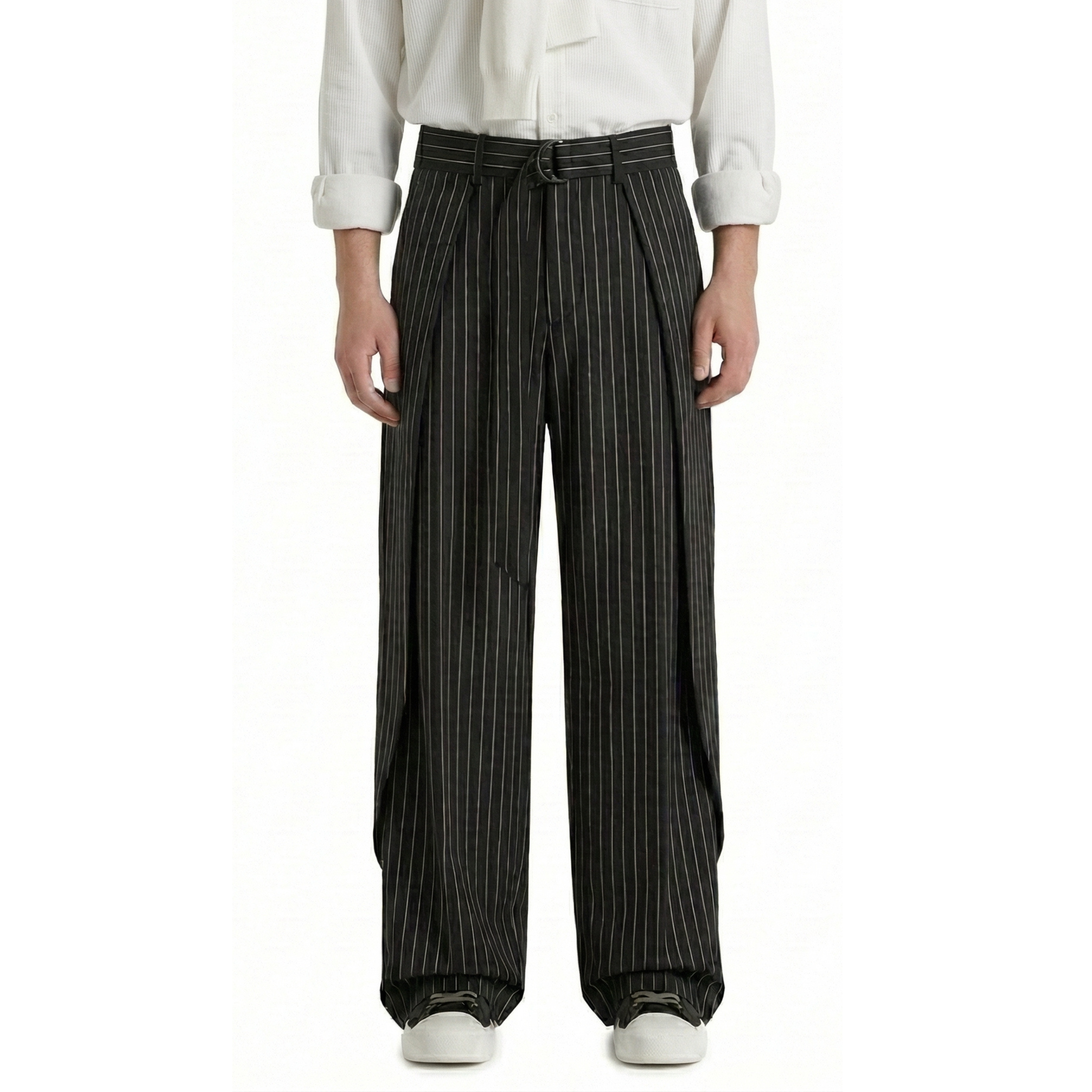 Black Pinstripe Belted Wide-Leg Trousers