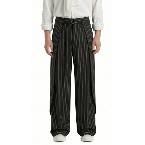 Black Pinstripe Belted Wide-Leg Trousers