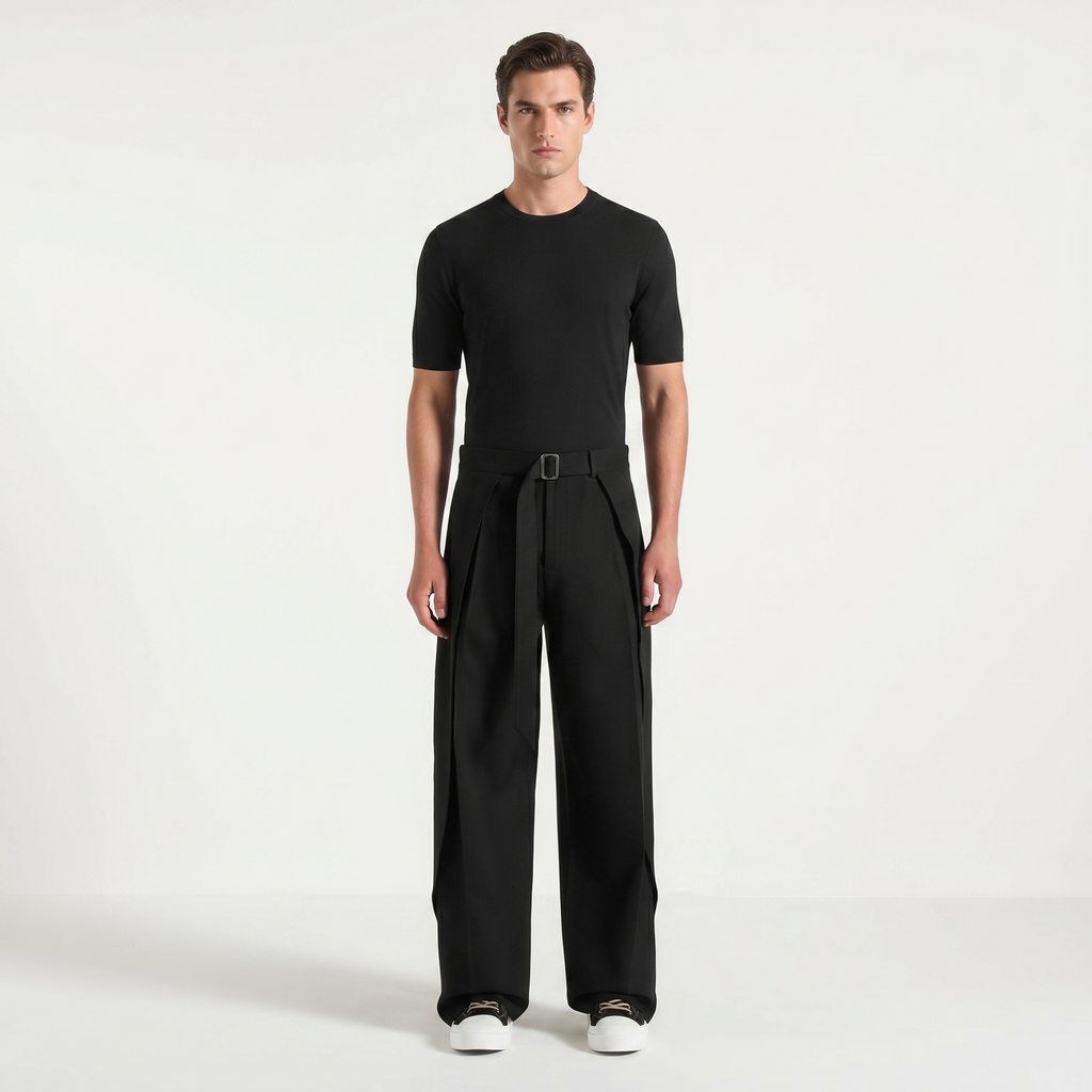 Black Belted Wide Pleated Trousers