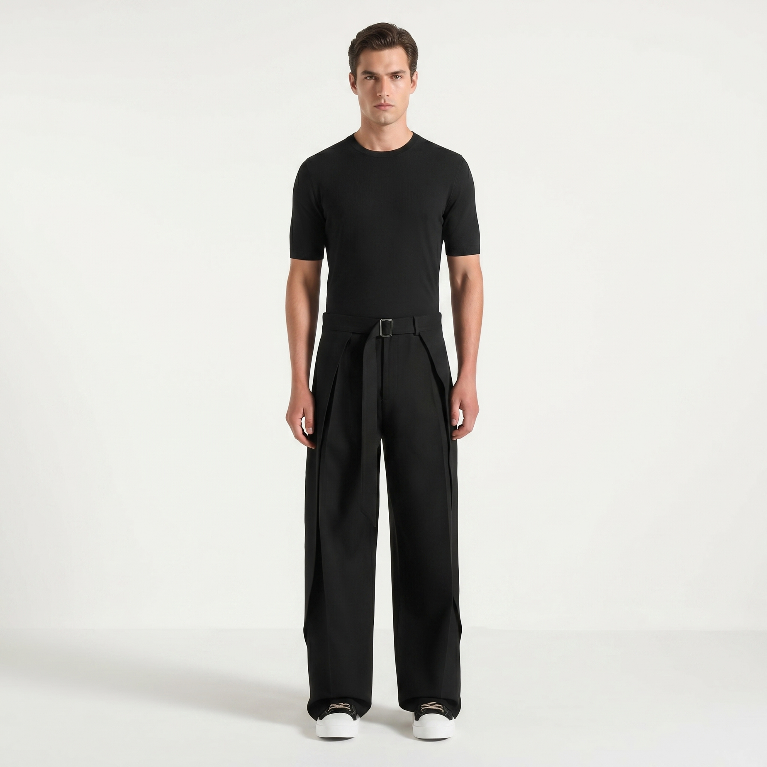 Black Belted Wide Pleated Trousers