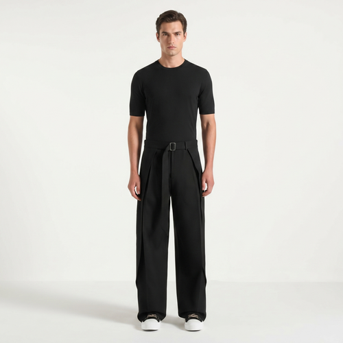 Black Belted Wide Pleated Trousers