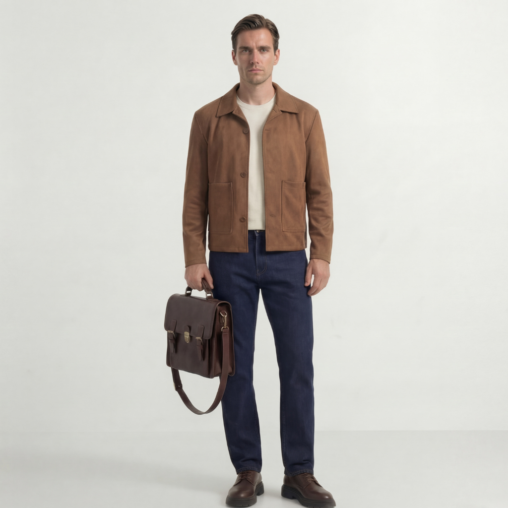 Suede Jacket With Revere Collar - Brown