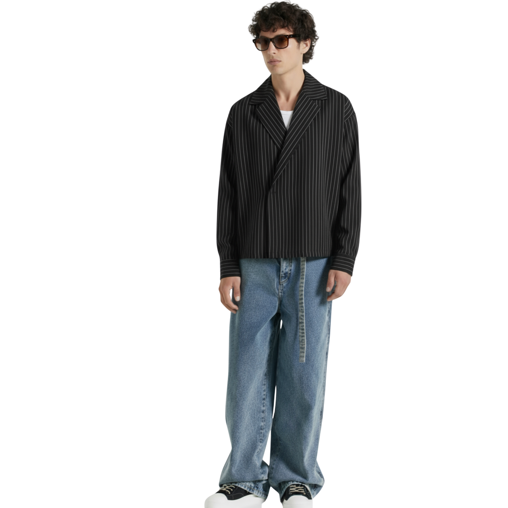 Boxy Stripes Double Breasted Shirt (Black)