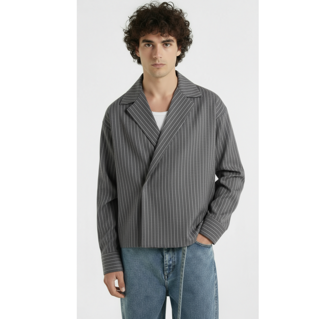 Boxy Stripes Double Breasted Shirt (Grey)