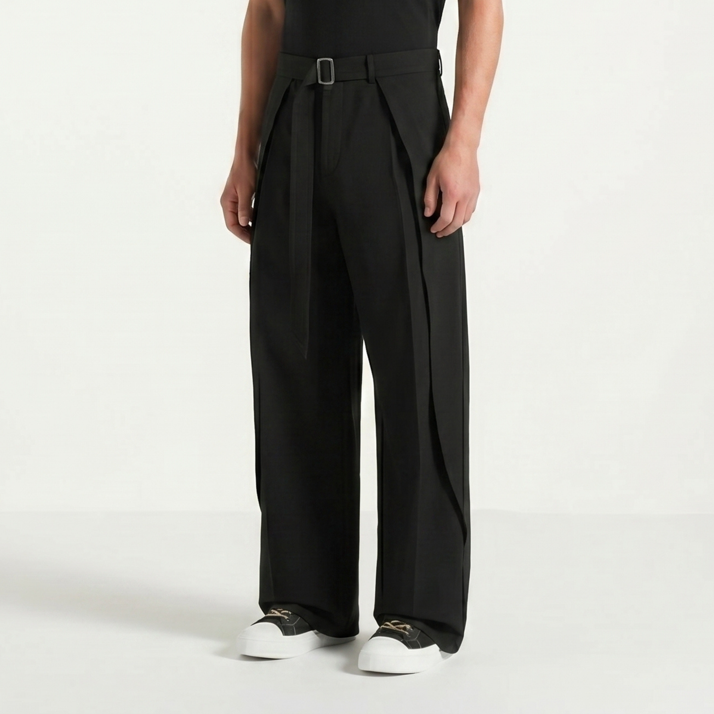 Black Belted Wide Pleated Trousers – ALBER