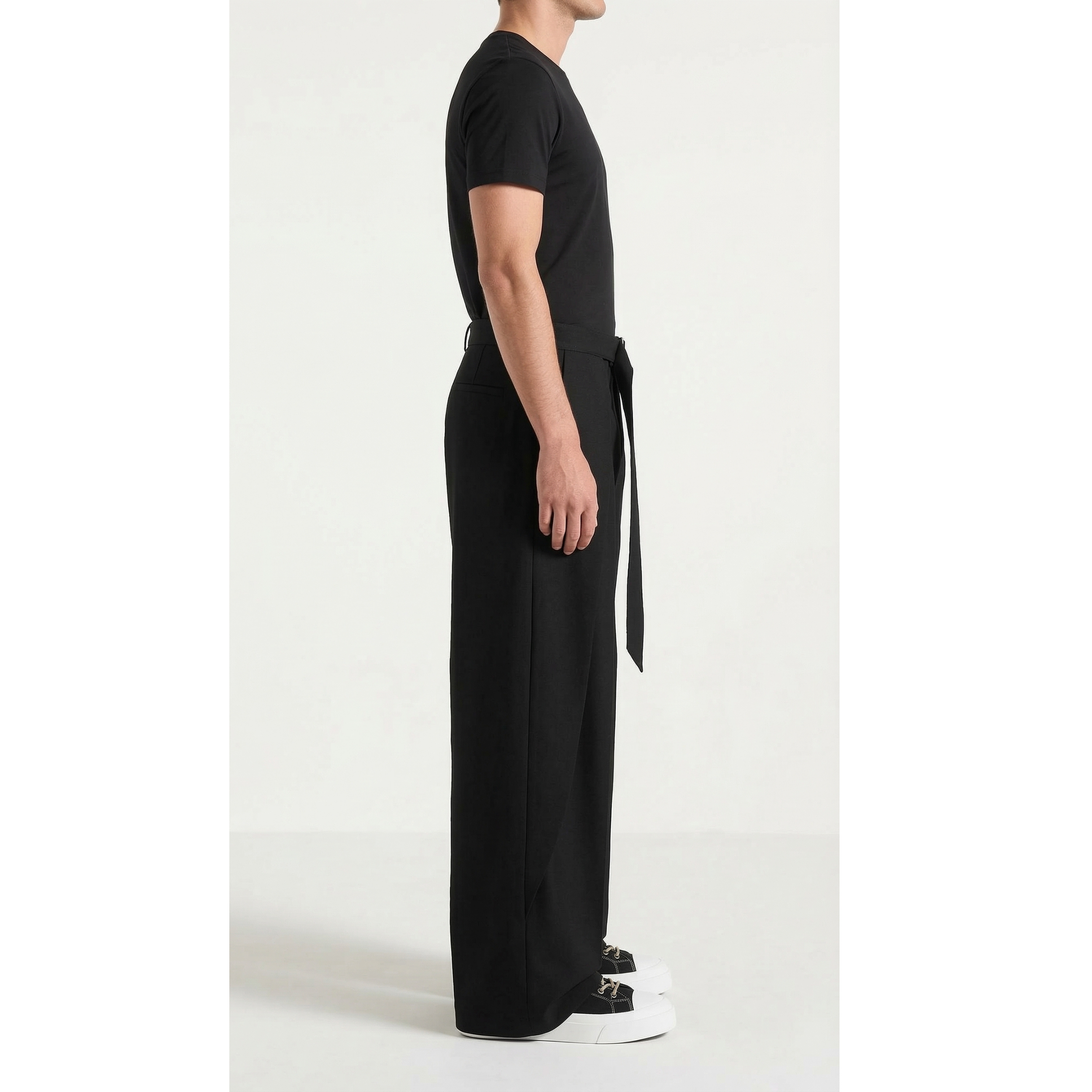 Black Belted Wide Pleated Trousers