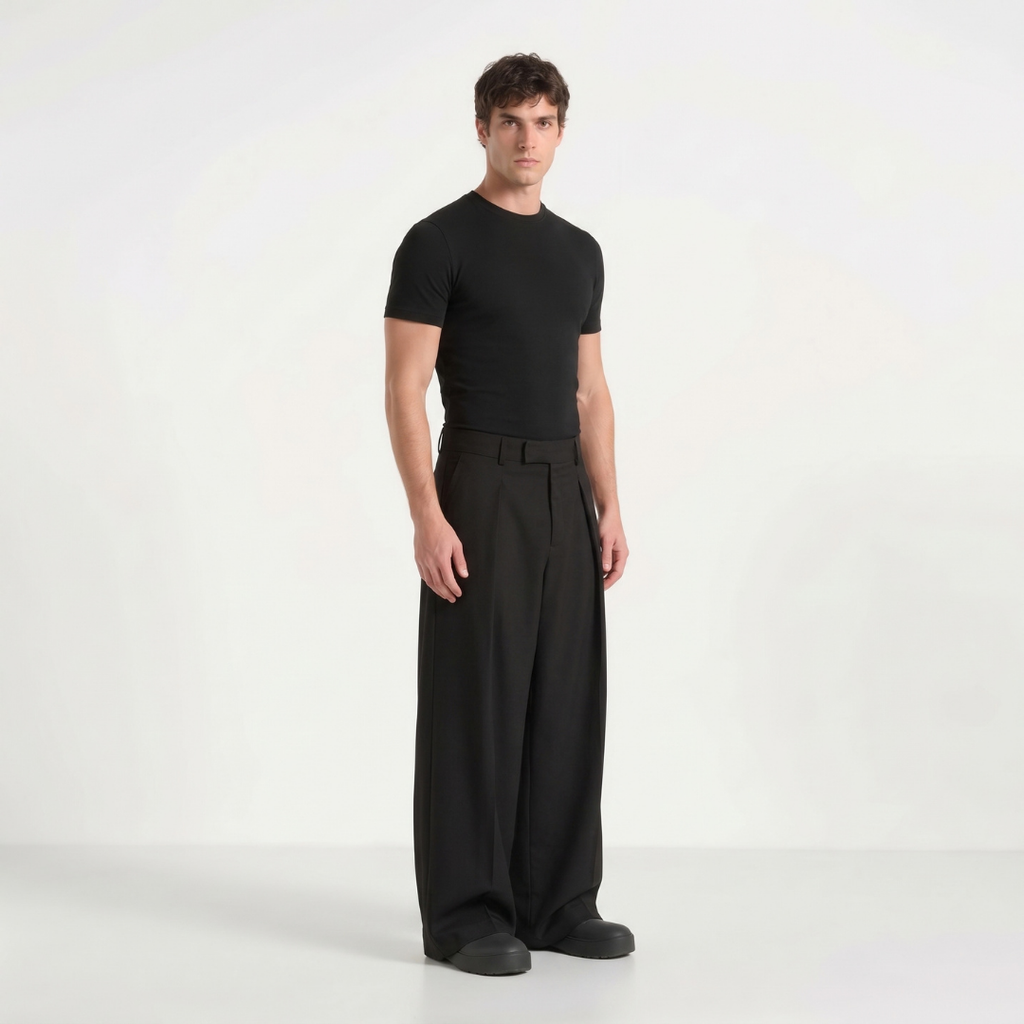 Wide leg pleated tailored trousers in Black