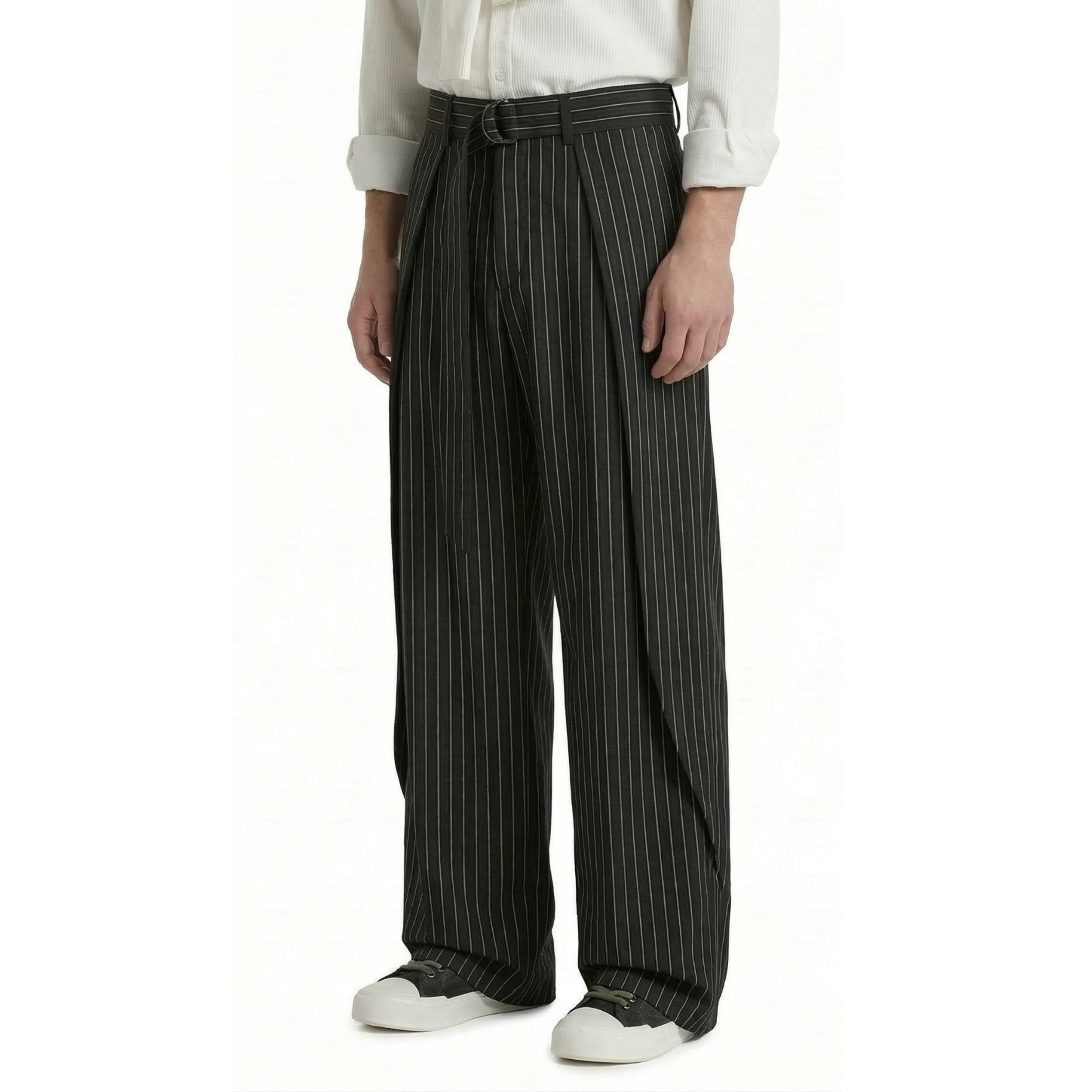 Black Pinstripe Belted Wide-Leg Trousers