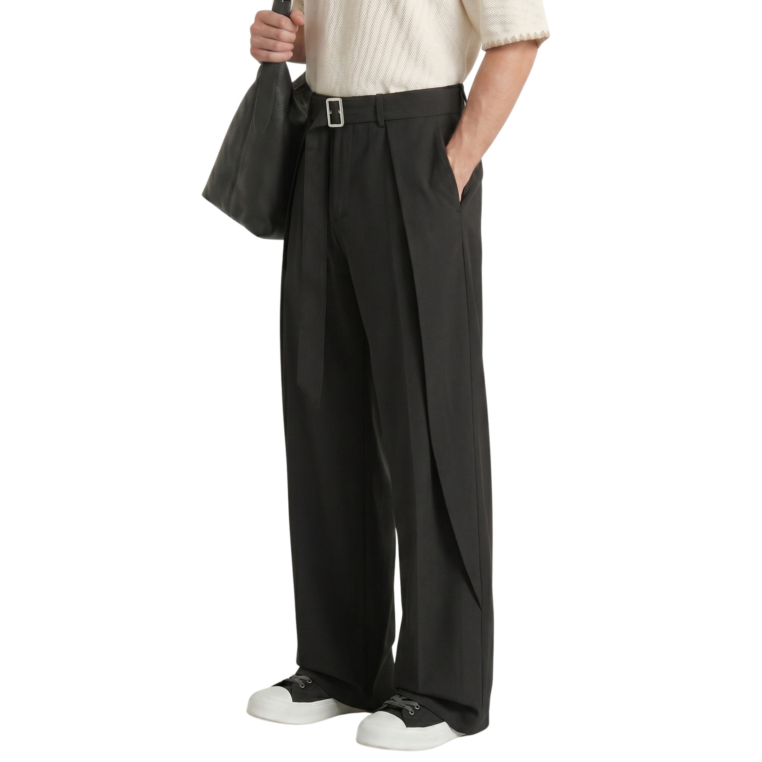 Black Belted Wide Pleated Trousers