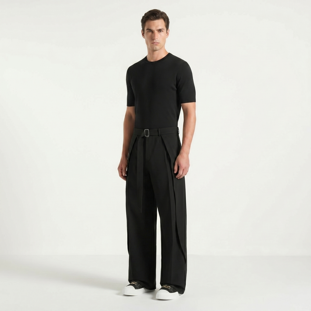 Black Belted Wide Pleated Trousers