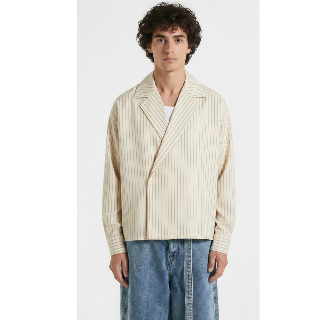 Boxy Stripes Double Breasted Shirt (Beige)