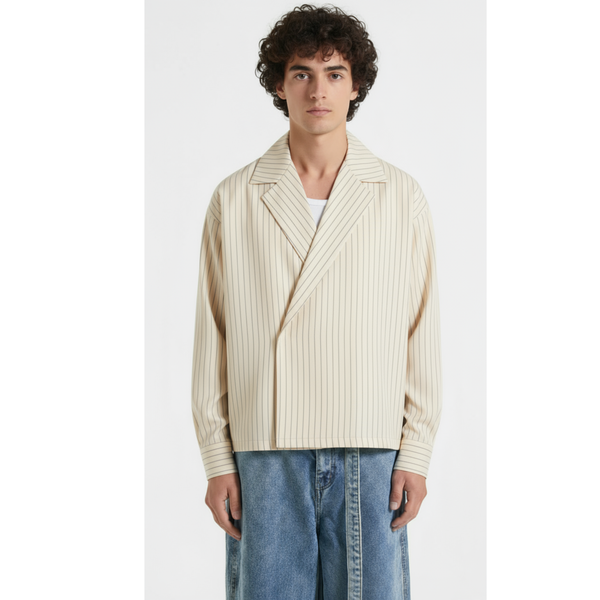 Boxy Stripes Double Breasted Shirt (Beige)