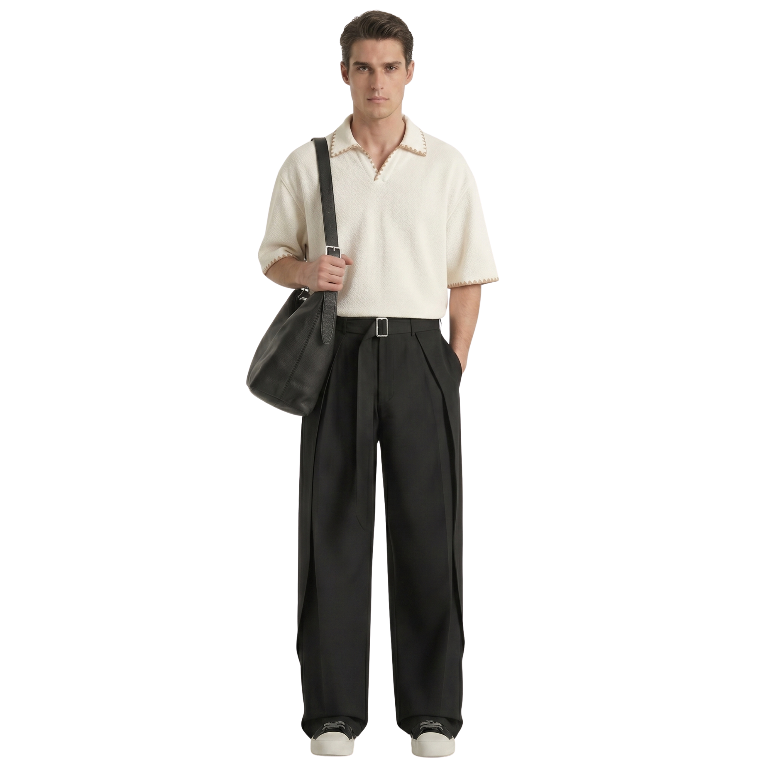 Black Belted Wide Pleated Trousers