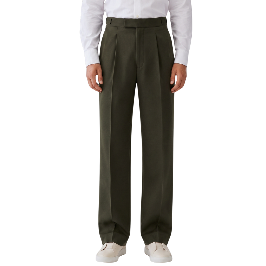 Relaxed Fit Pleated Tailored Trousers - Olive