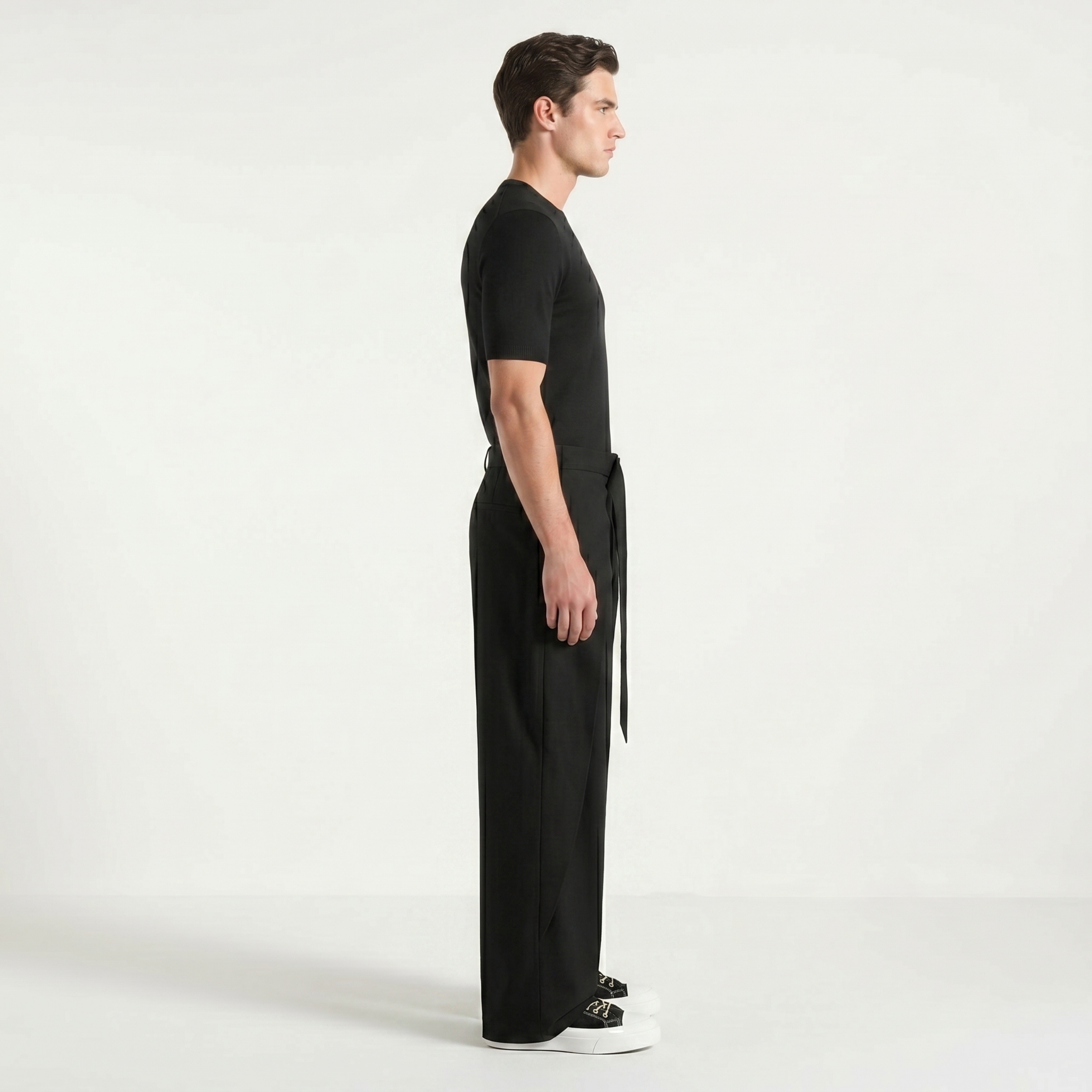 Black Belted Wide Pleated Trousers