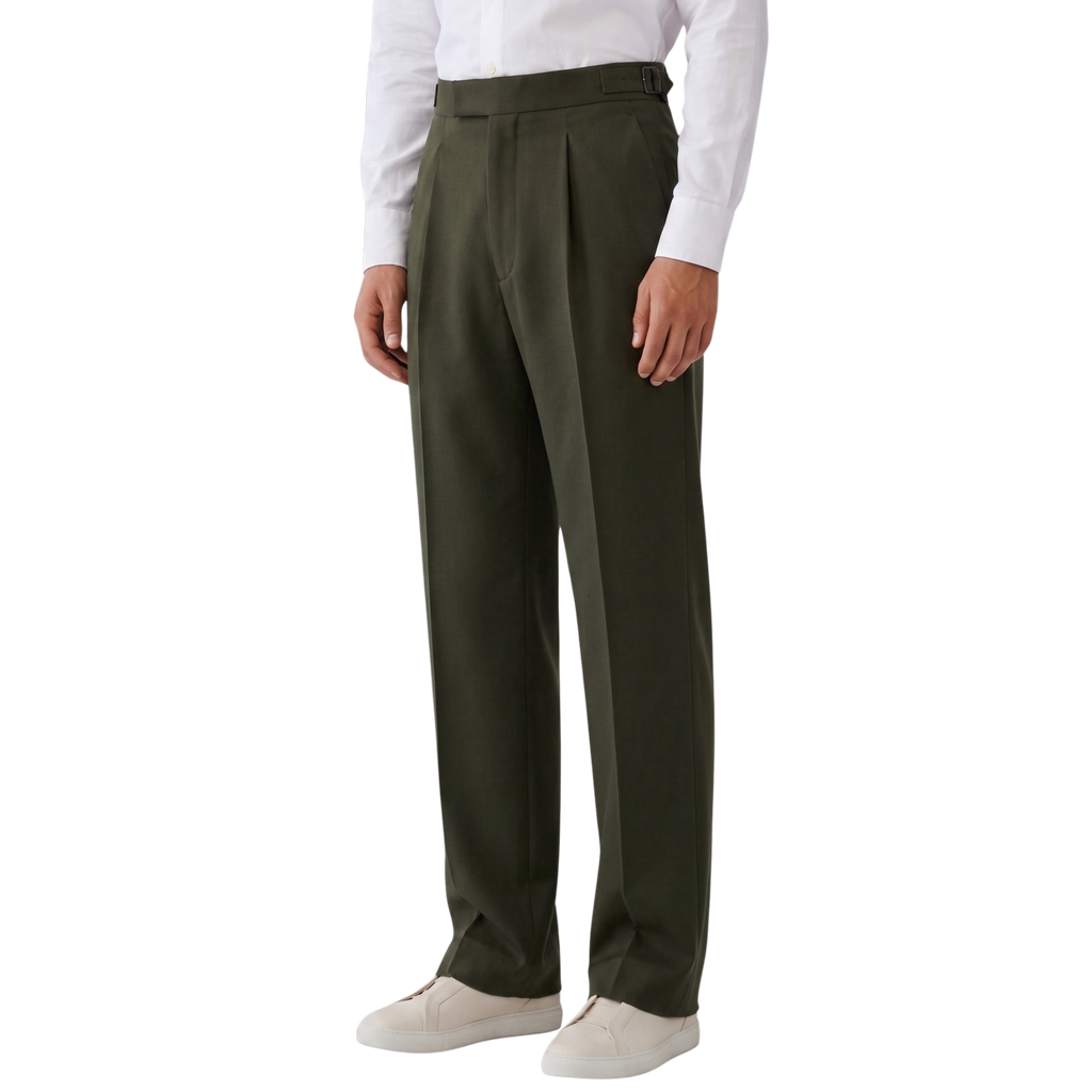 Relaxed Fit Pleated Tailored Trousers - Olive