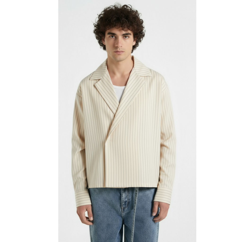 Boxy Stripes Double Breasted Shirt (Beige)