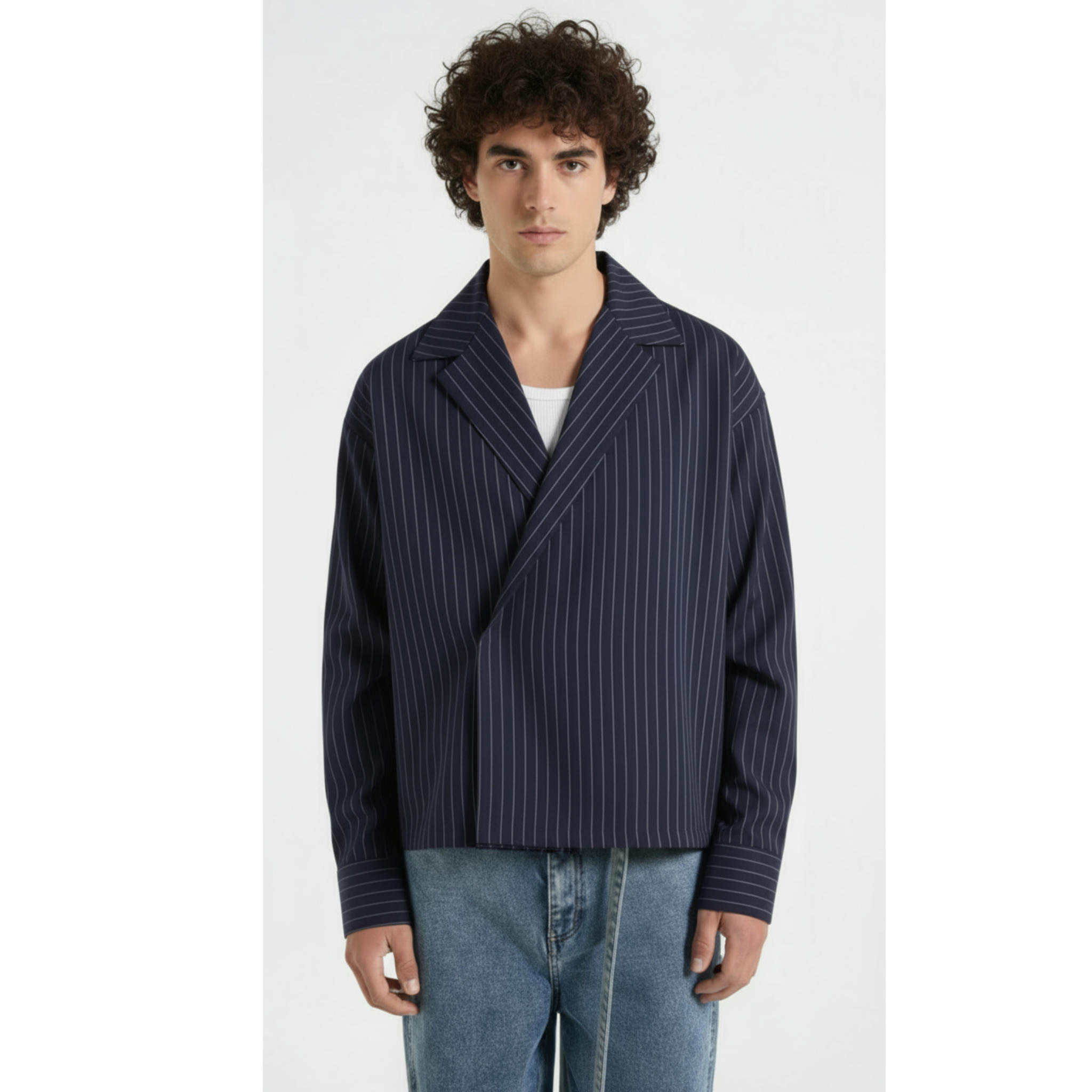 Boxy Stripes Double Breasted Shirt (Navy Blue)