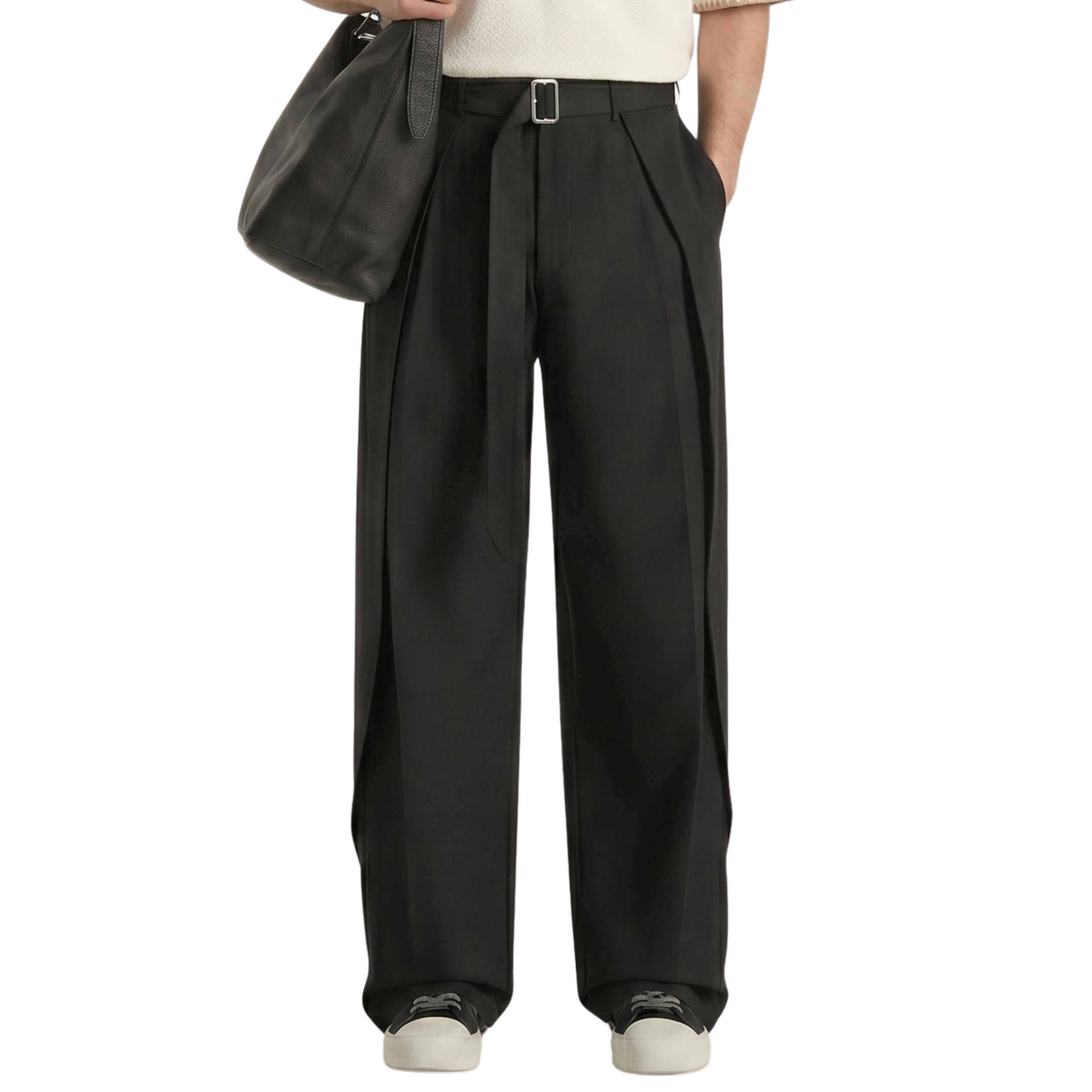 Black Belted Wide Pleated Trousers